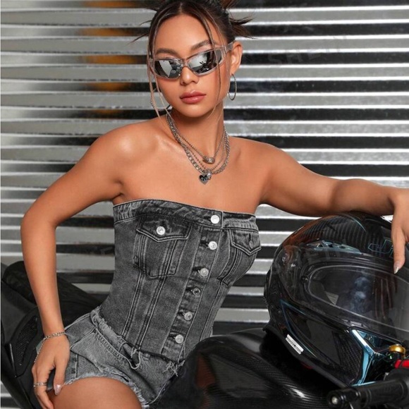 Flap Pocket Button Front Tube Denim Top - Picture 1 of 5